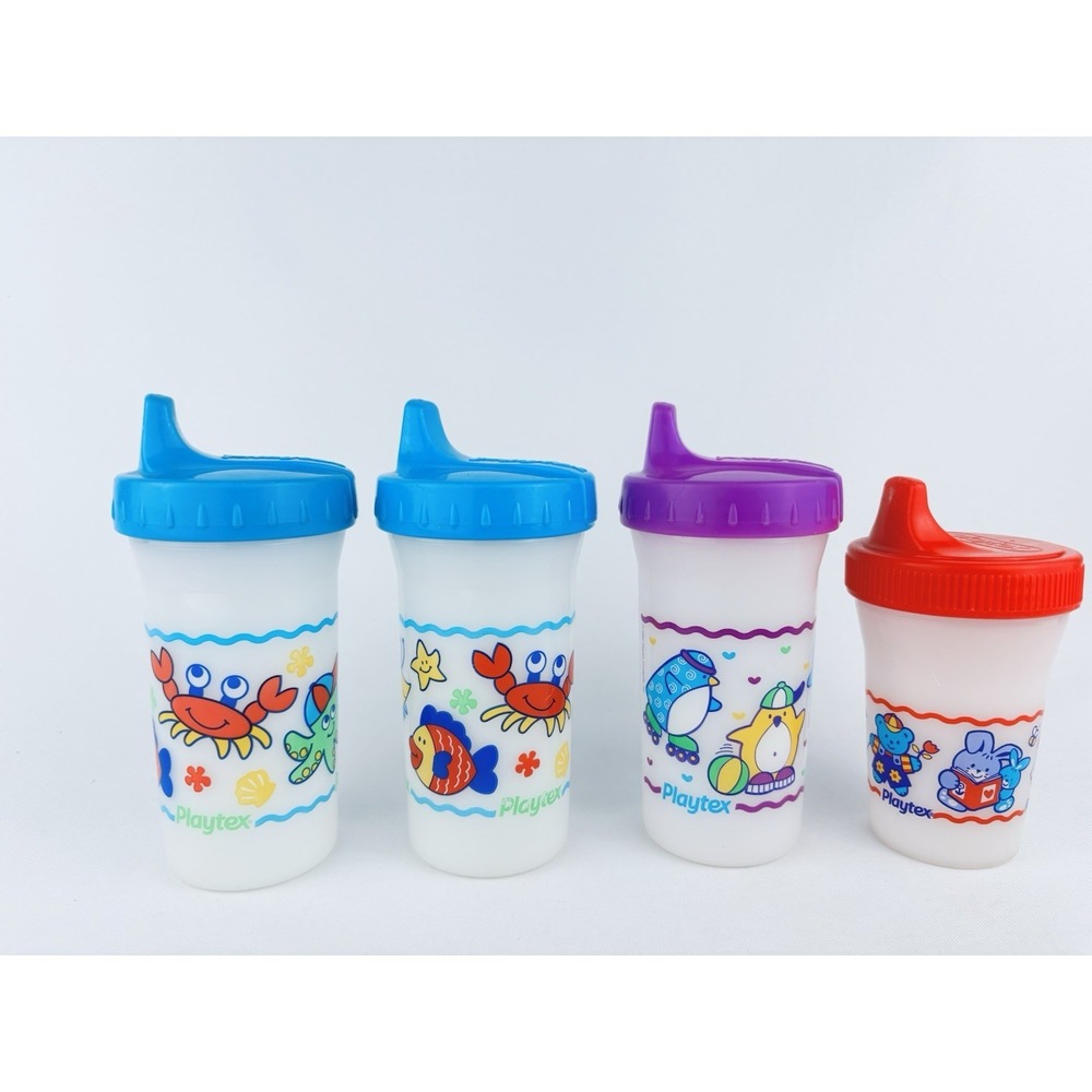 1997 1998 1999 Vintage Playtex Sippy Cups - Lot Of 4 - 90s Bears Fish Penguin